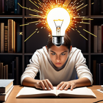 **A person coding at a computer, surrounded by books and online course materials, with a bright lightbulb above their head representing a sudden burst of understanding and potential.**