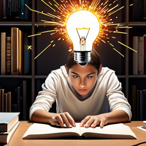 Home 4 **A person coding at a computer, surrounded by books and online course materials, with a bright lightbulb above their head representing a sudden burst of understanding and potential.**