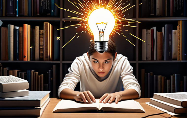 **A person coding at a computer, surrounded by books and online course materials, with a bright lightbulb above their head representing a sudden burst of understanding and potential.**
